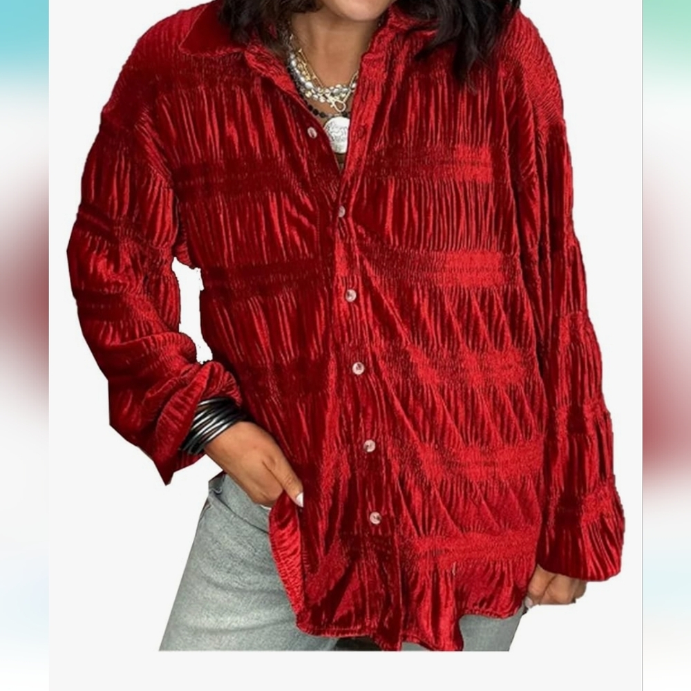 Womens Red Velvet Button-Up Shirt